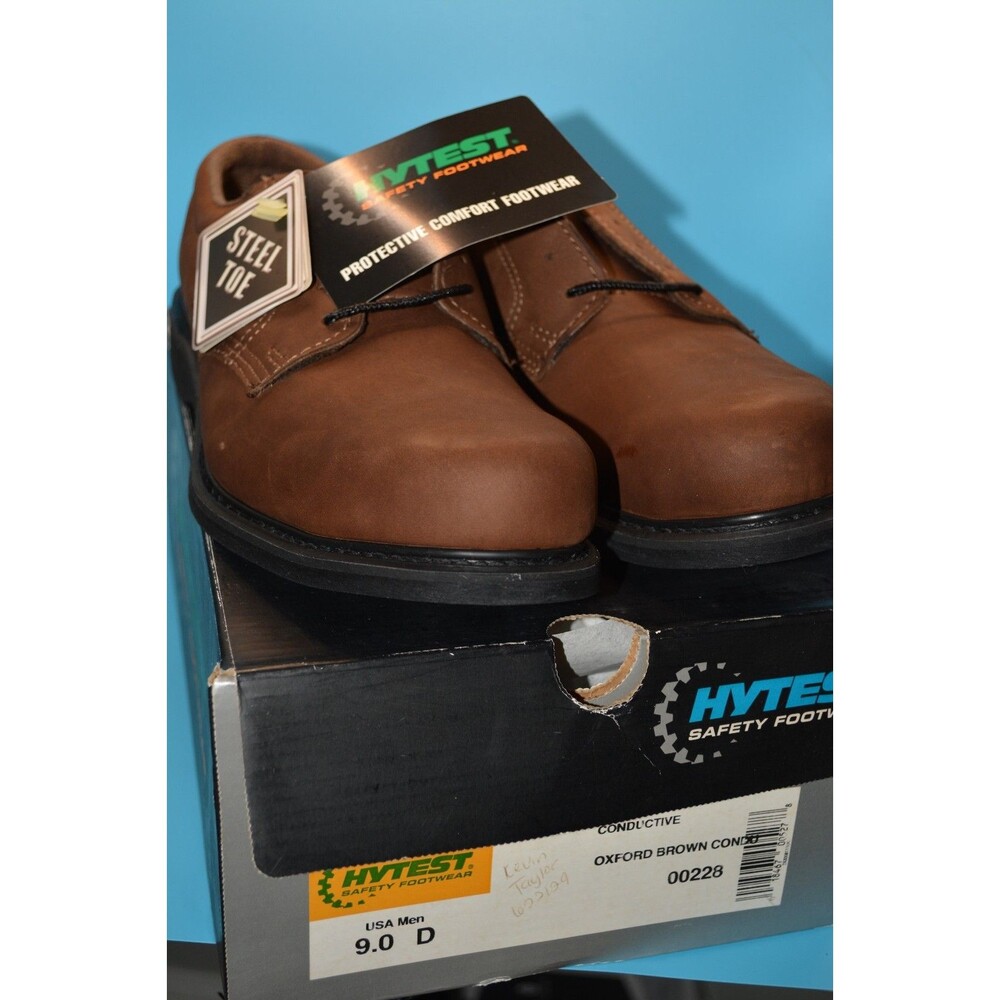 Hytest Sz 9 D Steel Toe Conductive Oxford Work Shoes Brown Leather Slip Grip NEW